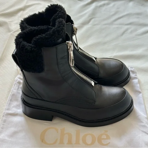 Chloe Roy Shearling-Lined Leather Black Ankle Boots Size 36.5 - Picture 1 of 14